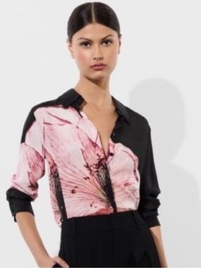 Alice + Olivia Black and Pink Floral Button-Up Blouse